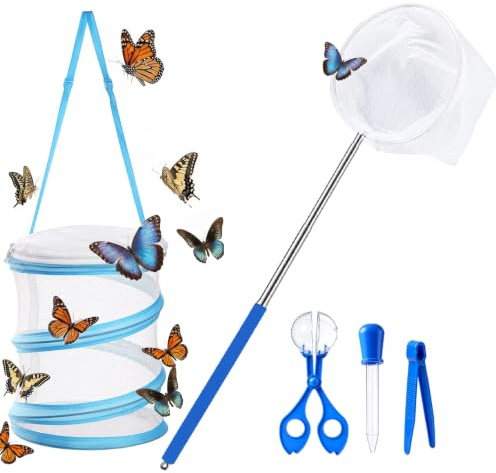 Explorer Kit with Butterfly Net and House, Five-Piece Insect Observation Set for Nature Study, Foldable Cage, Telescopic Scoop, Scissor Clamps