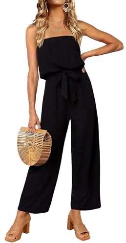 ZESICA Women's Casual Off Shoulder Solid Color Strapless Belted Wide Leg Jumpsuit Romper,Black,X-Large