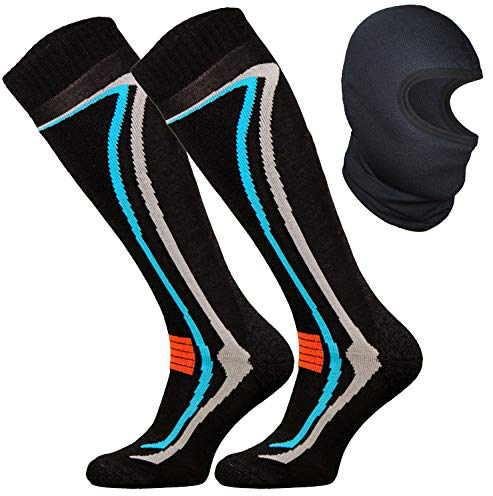 TODO [2 Pares] - Calcetines de esquí de lana merino Para Unisex Adultos + Pasamontañas térmico en juego [43-46 -Negro]