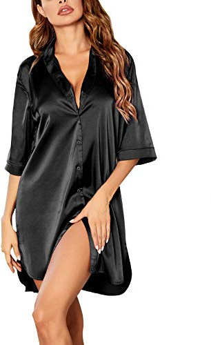 Ekouaer - Camisón de satén para mujer, mangas 3/4, con botones, sexy, corto, ropa de noche, Negro , XL