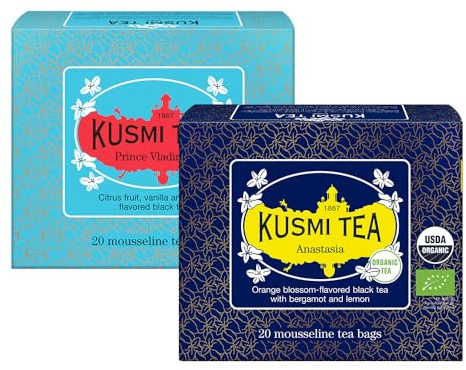 Kusmi Tea - Anastasia + Prince Vladimir - Té Negro 100% Orgánico - Earl Grey con Bergamota, Naranja y Limón - Té con Cafeína - Juego de 2 Cajas - 2x20 Bolsas