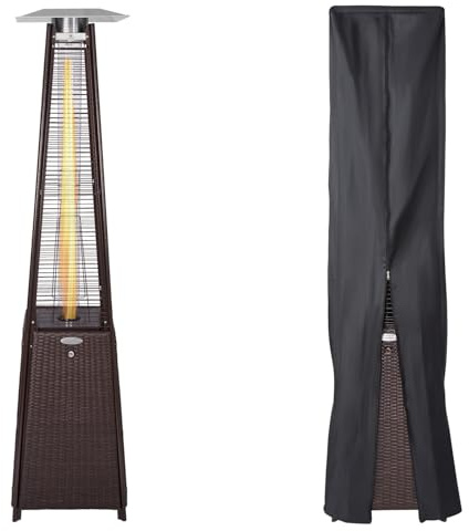 BU-KO Chauffage Gaz Terrasse | Extérieur: Jardin, Camping, Barbecue | rotin brun 13kw Radiateur de Conception pyramidale au Propane - 13kw | Roues | Cheminée en Acier Inoxydable GPL