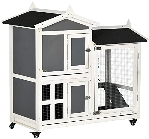 PawHut Conigliera da Esterno per 2 Conigli in Legno d'Abete e Tetto in Bitume con Vassoio Estraibile e Area di Corsa Condivisa, 110x60x104 cm, Grigia e Bianca