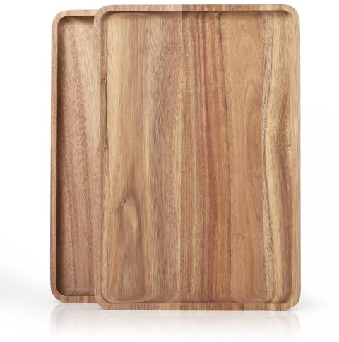 2 PCS Solid Acacia Wood Serving Trays 13 * 9 inch Rectangular Wooden Serving Platters Natural Wooden Boards for Bar Coffee Party（Wood Log Color）