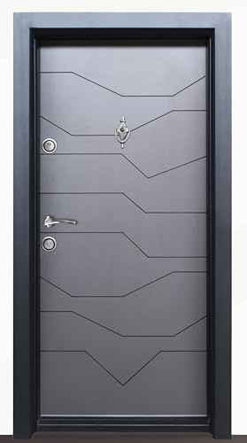 Porta Blindata d’Ingresso Moderna con Spioncino e Martelletto 2 Sistemi di Chiusura Riempita con Lana Minerale Portone Laminato Grigio PL45 (Interna sinistra)