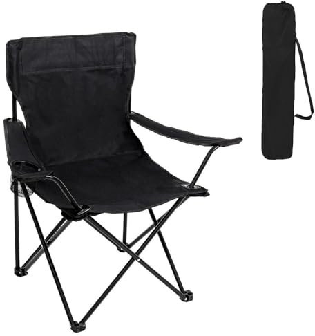 Silla Playa Camping Pesca y Caza Plegable Cierre Tijera Estructura Acero con Pintura Epoxi anticorrosión y Lona poliéster Oxford 600 D Negra, portavasos y Bolsa de Transporte