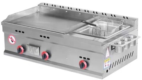 Commercial Countertop Gas Griddle, Stainless Steel with Basket, Teppanyaki Fry Pan, 3 Adjustable Temperature Knobs, Ideal for BBQ, Steak, Eggs, Pancakes Cooking