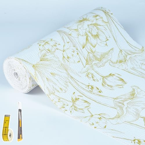 Shelf Liners Non Adhesive Light Base Gold Lotus Pattern - Thickened Non-Slip Easy to Clean Drawer Liner for Kitchen Cabinets, Tool Box, Refrigerator, with Knife & Tape Measure, 12in x 20FT
