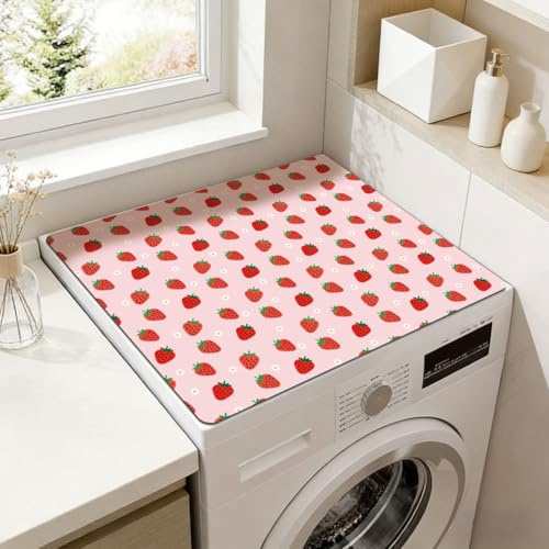 SUPERDANT Copertura Protettiva 1 Pezzo 60x50cm per Lavatrice e Asciugatrice a Carica Dall Alto con Design Decorativo a Fragola Impermeabile Facile da Pulire Rosa