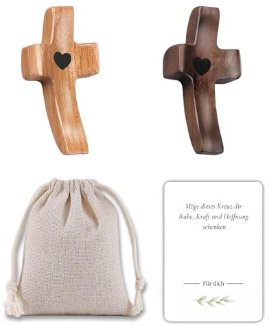 GROVBLE Holzkreuz Handschmeichler Set 2 Stück Herzgravur Geschenk