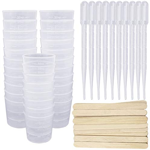 SelfTek 150 Pcs Plastic Graduated Cups with Tools - 30ml Measuring Cups, Mixing Sticks, 3ml Dropping Pipette for Resin, Stain, Epoxy, Paint
