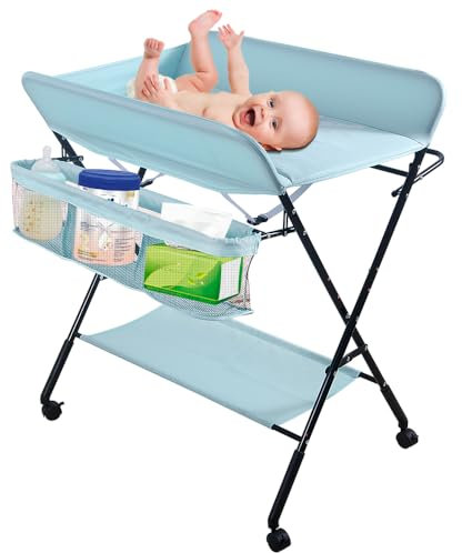 Baby Wickelkombi - klappbare Wickelkommode, mobiler Wickeltisch mit Wickelauflage, Sicherheitsgurt und Ablagefächern, platzsparend & stabil 80 * 66 * 98cm (Himmelblau)