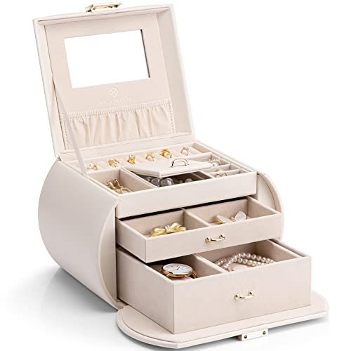 Vlando Schmuckkästchen Mädchen, Schmuckbox Damen aus PU Leder mit Spiegel, Schmuckkasten mit Schubladen, Schmuckaufbewahrung Teenager Mädchen Ohringe, Halsketten, Armbänder und Uhren