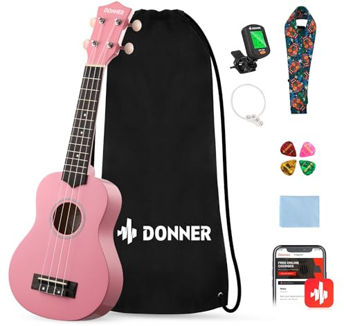 Donner Soprano Ukulele for Beginners 21 Inch Ukelele Starter Bundle Kit with Free Online Lessons Bag Strap String Tuner Picks Cloth Ukalalee Yukalalee (Pink)