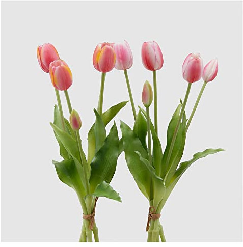 EDG Enzo de Gasperi Tulipano gommoso Fiore Artificiale per Decorazione da Esterno, Bouquet 5 Tulipani Finti 2 Varianti Fucsia/Giallo