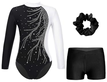 iiniim Mädchen Turnanzug Glitzer Gymnastikanzug mit Shorts Haarband Trikotanzug Langarm Gymnastik Leotard Wettbewerb Tanzkostüm Weiß&Schwarz 134-140