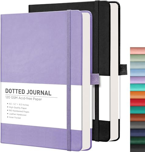 RETTACY A5 prickig anteckningsbok 2-pack – bullet Dot Grid Journal med 320 numrerade sidor, inbunden 120 gsm tjockt papper, 8 perforerade blad, innerficka-lila