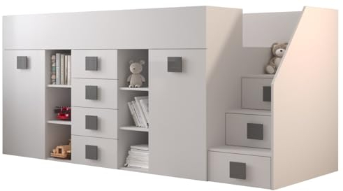 MEBLE KRYSPOL Toledo 3 Hochbett für Kinder, Jugendliche mit Stauraum - Etagenbett mit Schreibtisch, Kleiderschrank, Regal, Schubladen, Treppe - 248,5x93x123 cm - Weiß, Weiß, Grau