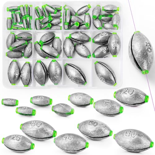 VEPEPE 55 Stück Angelgewichte Bleie Kit 12 Größen Plastikkern Gewichte Angeln Sinker 2g-60g Laufblei Angelzubehör Blei Grundblei für Tiefwasser Meeres Angeln Blei (55, 12 Größen, Offenes Eiform)