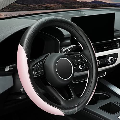YHONGJT Soft Cute Light Pink Microfiber Leather Anti-Slip Steering Wheel Cover, Universal 15 Inch for Women Girls, Fit Vehicles, Sedans, SUVs, Vans, Trucks