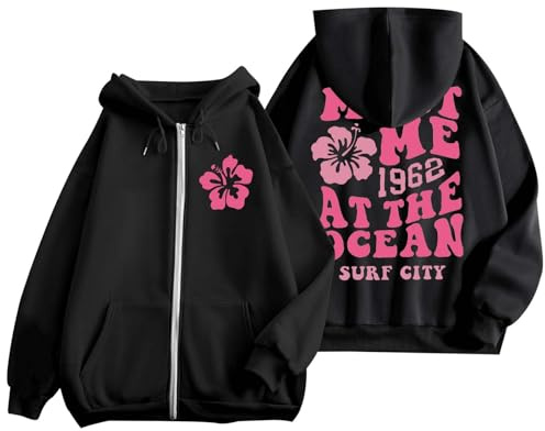 sweat a capuche femme zippé léger casual sweatshirts grande taille motif fleurs à la mode hoodie à Manches Longues avec fermeture eclair poches pull automne hiver chaud ideal manteau (Black, L)