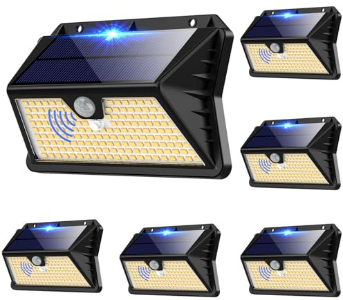 Outdoor LED Spotlight with Solar Panel, 6 Pieces IP65 Solar LED Outdoor Light with Motion Sensor, 185 LEDs/3 Modes Solar Outdoor Lamp, Waterproof LED Garden Lantern (Warm White)