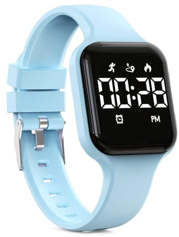 Focwony Kids Digital Watch Pedometer Waterproof Fitness Tracker Wristwatch with Pedometer LED Display Stopwatch for Kids Boys Girls Teens (Light Blue)