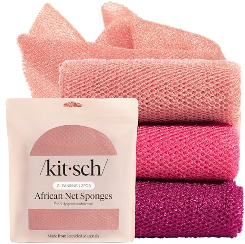 Kitsch African Net Sponge – Exfoliating Body Scrubber for Cleansing & Gentle Daily Exfoliation – Stretchable Bath Sponge for Hard-to-Reach Areas, Long-Lasting Shower Essential - Berry Pink, 3 Pcs