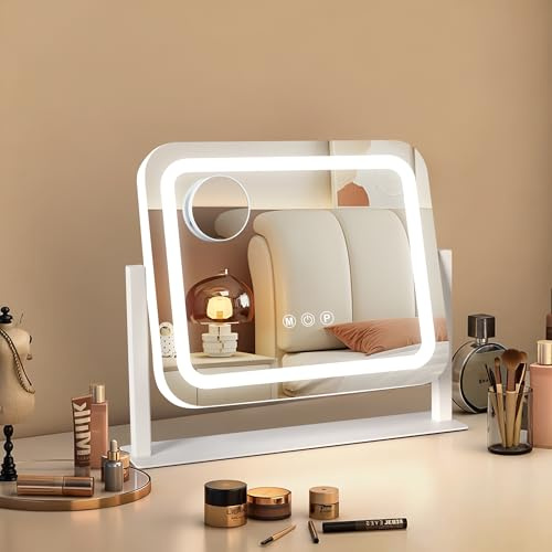 Ratsamee Specchio Trucco con Luci, 35X30cm Specchio da Tavolo LED, Specchio Ingranditore 10X Staccabile, 3 Temperature di Colore, Rotazione 360°, Controllo Tattile, Telaio in Metallo, Bianco