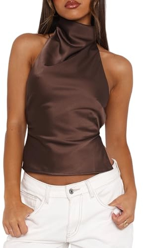 Thseonde Women Silk Halter Neck Top Open Back Satin Vest Shirt Sleeveless Crop Backless Tank Going Out Tops