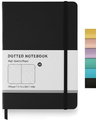 FENSPARK Bullet Dotted Journal Notebook, 160 Pages, A5 Medium Size (14.2 x 20.3cm), Leather Hardcover, 100 GSM Thick Paper for Bullet Journaling, Planning, Tracking (Black)