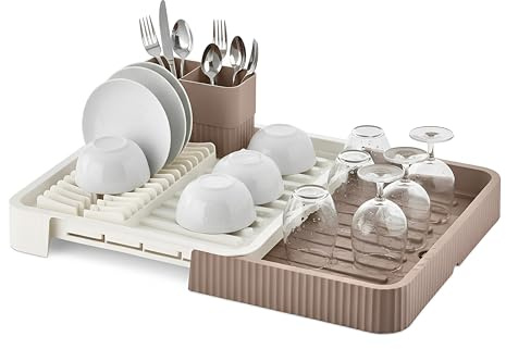 DIVCHI Dishes Drying Rack for Kitchen, Space-Saving Dish Drainer with Cutlery Holder, Plastic Dish Rack & Utensil Holder Everyday Kitchen Essential Daily Dish Drying and Household Accessories, Beige
