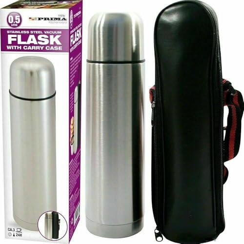 0.5L Stainless Steel Vacuum Flask with Carry Case – for Tea & Coffee, Durable Long Lasting | Travel Camping Hiking | Portable Flask for Men & Women