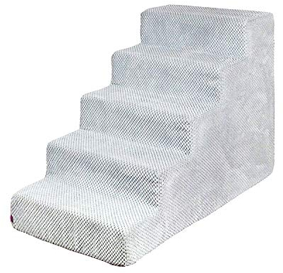 Hundetreppe 50 cm hoch | Katzentreppe Haustiertreppe | 5 Stufen | Hunde Katzen Haustier | für Bett und Auto | Trepp für kleine Hund | Plüschbezug | Farbe: Grau