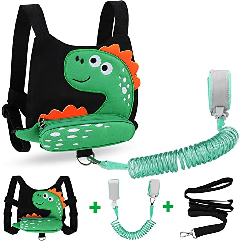 3 in 1 Toddler Harness Leash + Baby Anti Lost Wrist Link, Accmor Cute Dinosaur Child Safety Harness Tether, Kids Walking Wristband Assistant Strap Belt for Parent Boys Outdoor Activity (Black)
