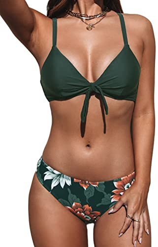 CUPSHE Women's Tie Knotted Bikini Set Floral Bottom Two Piece Swimsuit Swimming Costume Dark Green Floral M