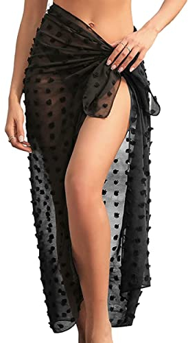 Heveer Damen Strand Wrap Sarong Lang Cover Up Chiffon Badeanzug Wickelröcke Pareo für den Strand Bikini Swimsuit Schwarz Transluzent