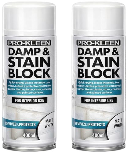Pro-Kleen Damp & Stain Block Spray Paint Primer White Matt 2 x 400ml - Covers Damp, Mould, Grease, Nicotine & Rust Stains - for Walls & Ceilings - Leaves a Waterproof Barrier