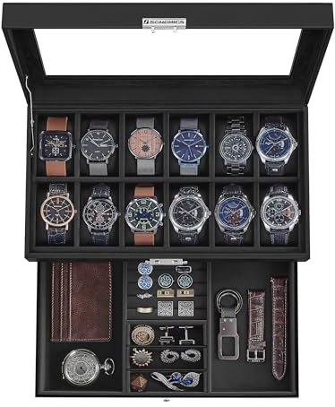 SONGMICS Watch Box, 12-Slot Watch Case Organizer with Large Glass Lid, 2 Layers, Removable Pillows, Metal Lock, Gift for Loved Ones, Black Synthetic Leather, Black Lining UJWB012B03