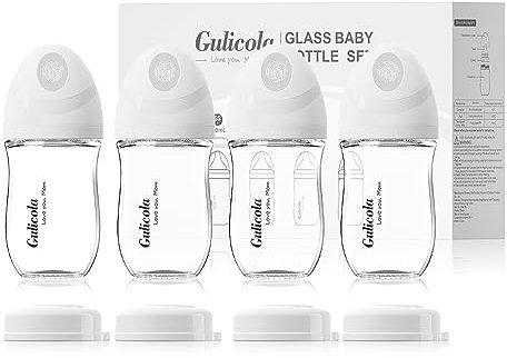 Gulicola Natural Glass Baby Bottle 5oz, 4pcs-White