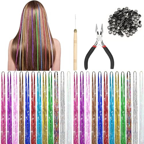 HIFOT Kit Extension de Cheveux Tinsel 12 Couleurs Mèches de Cheveux, Paillette Rajout Cheveux Tresses, 100 Perles, 1 Pince et Crochet, Accessoires Cheveux Fille Femmes pour Party Festival Cosplay