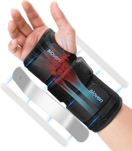 Sioven Carpal Tunnel Wrist Support Brace with 3 Straps Metal Splint Stabilizer - Carpal Tunnel Wrist Splint for Sprains, and Tendonitis (Black, Right Hand S/M)