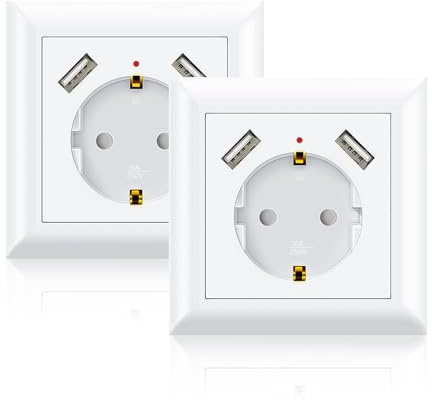 Steckdose mit 2 x USB, 2 Stück Unterputz Steckdose, USB Steckdosen System, Passt in Standard Unterputzdose, für Smartphone, Tablet, Weiß