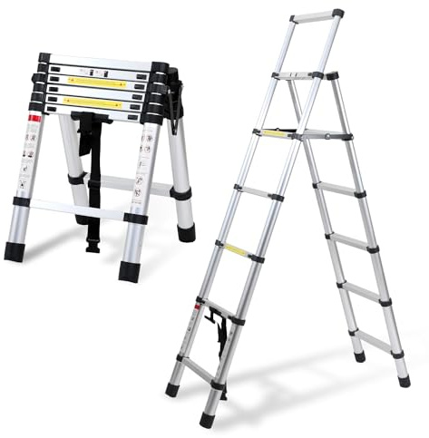 Yakimz teleskopstege A-ram aluminium hopfällbar stege, 1,7 m + 2 m multifunktionsstege 5 + 6 ribbor aluminiumstege, utdragbar ståstege halkfri, 150 kg lastkapacitet