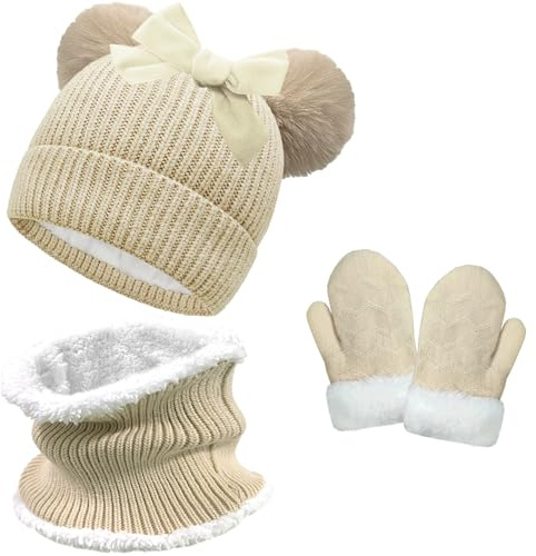 crazy bean Bonnet Echarpe et Gants pour Enfant Chaud Hiver Tour de Cou et Moufle Fille Garçon Bonnet en Tricot avec Double Pompon Fourrure Ensemble de 3 Pièces Beige