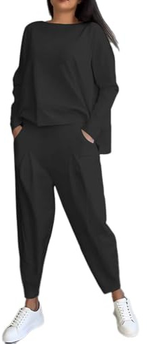 shownicer Completo Donna Sportivo Casual Set Comode Manica Lunga Girocollo Pullover Felpa E Pantaloni Tinta Unita Due Pezzi Outfit Streetewar A Nero XL