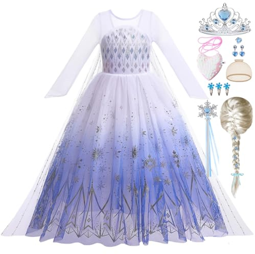 Snyemio Vestito Principessa Elsa Bambina con Parrucca Costume Regina del Ghiaccio Abito Bianco per Carnevale Compleanno Festa, 7-8 Anni