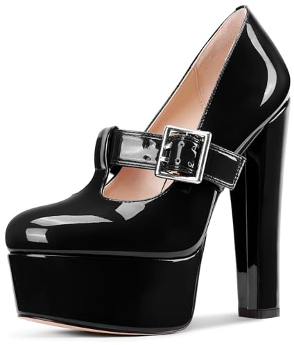 Aachcol Womens Platform Mary Jane Pumps Chunky Block T-Strap High Heels Round Toe Prom Dress Shoes 5.9 Inches Heels, Black, 7.5 UK