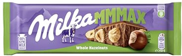 Milka Mmmax Alpine Milk Chocolate Bar with Whole Hazelnuts, Large Creamy Chocolate Packed with Crunchy Nuts 250 g Bar (Pack of 1)