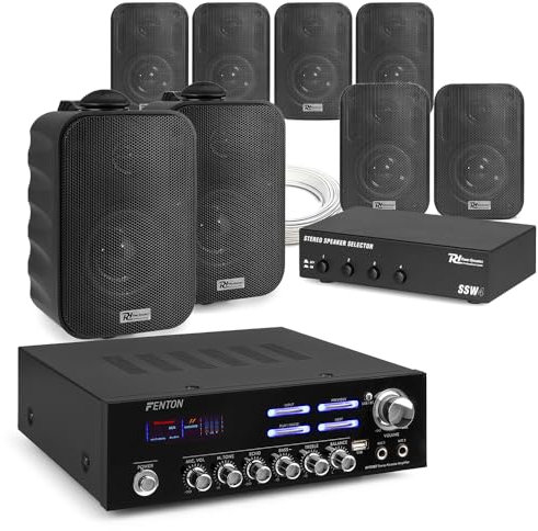 4-Zone Wall Mount Speaker System with 8x 3 Black Indoor Outdoor Speakers, Bluetooth Stereo Amplifier, Speaker Selector, Ideal for Multi-Room Background Audio & Public Address Installation